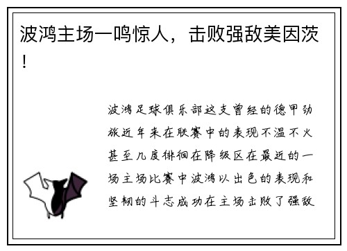 波鸿主场一鸣惊人，击败强敌美因茨！