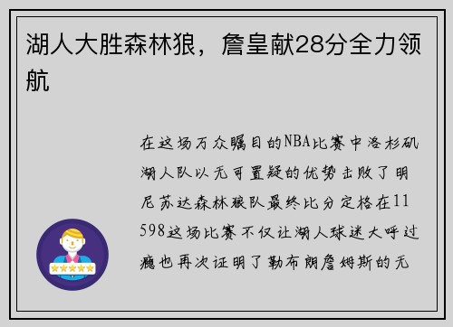 湖人大胜森林狼，詹皇献28分全力领航