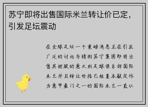 苏宁即将出售国际米兰转让价已定，引发足坛震动